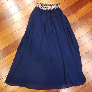 Pleated Skirt. Blue with Black, White and Mustard Yellow Band.